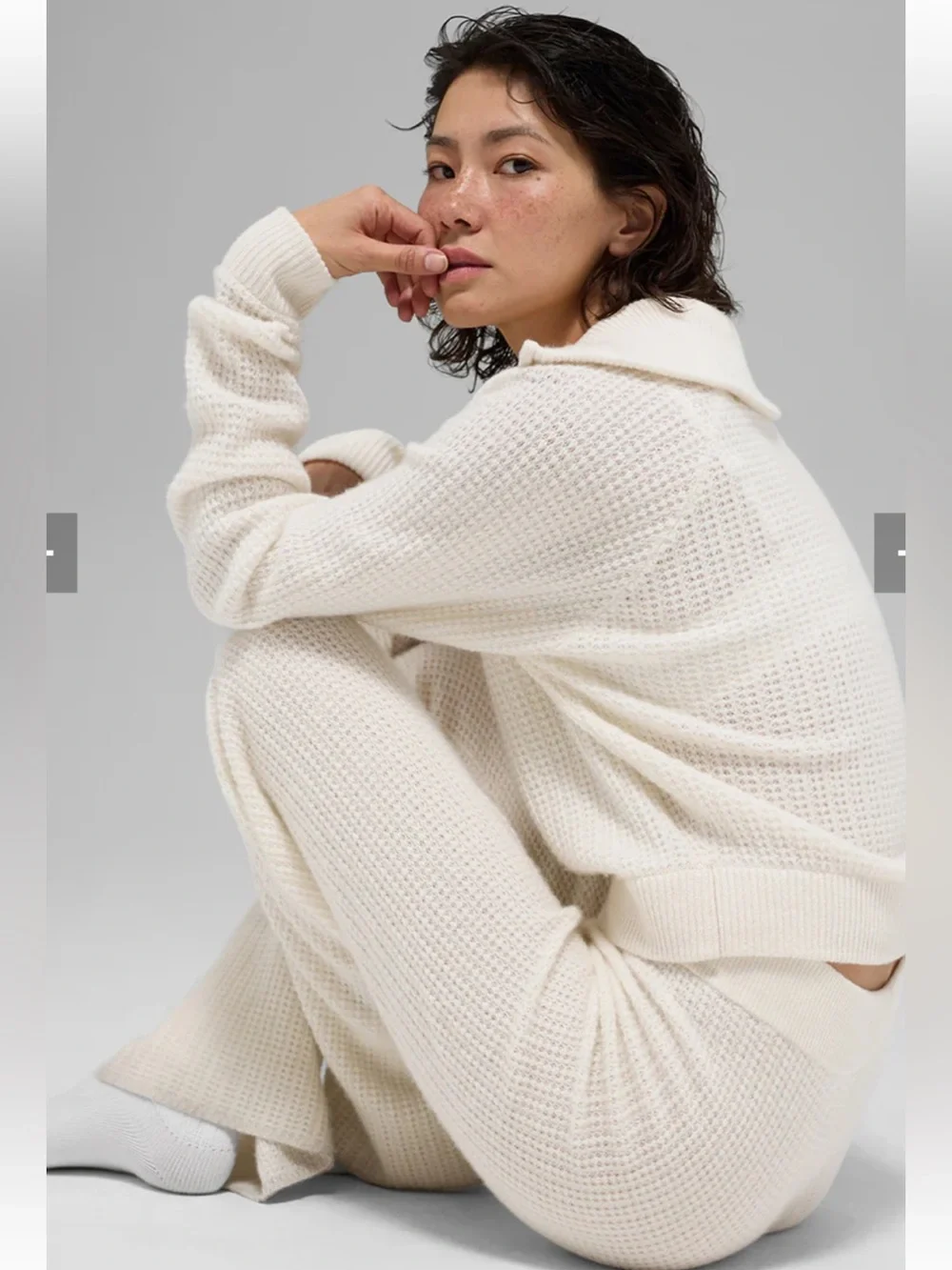 ALO Yoga Cream Half‑Zip Waffle Knit Turtleneck Sweater